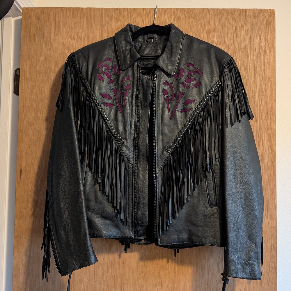 Black Leather Fringe Jacket with Purple Embroidery